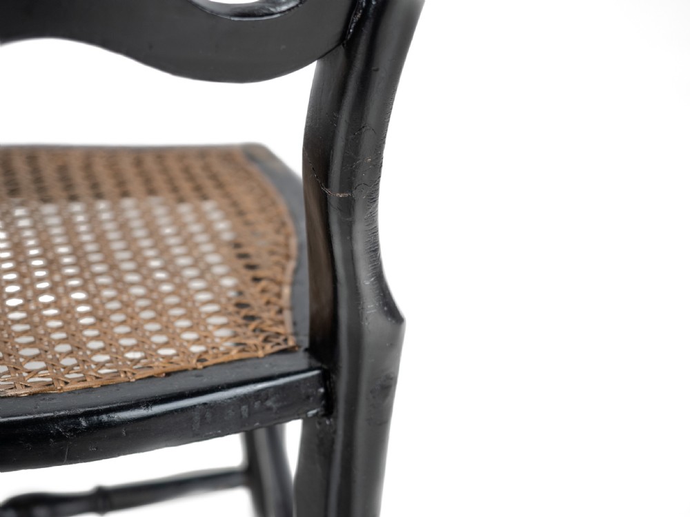 19th Century Ebonised Chinoiserie Chair with Canework Seat, Mother-of-Pearl Inlay and Parcel Gilt Decoration View XVIII