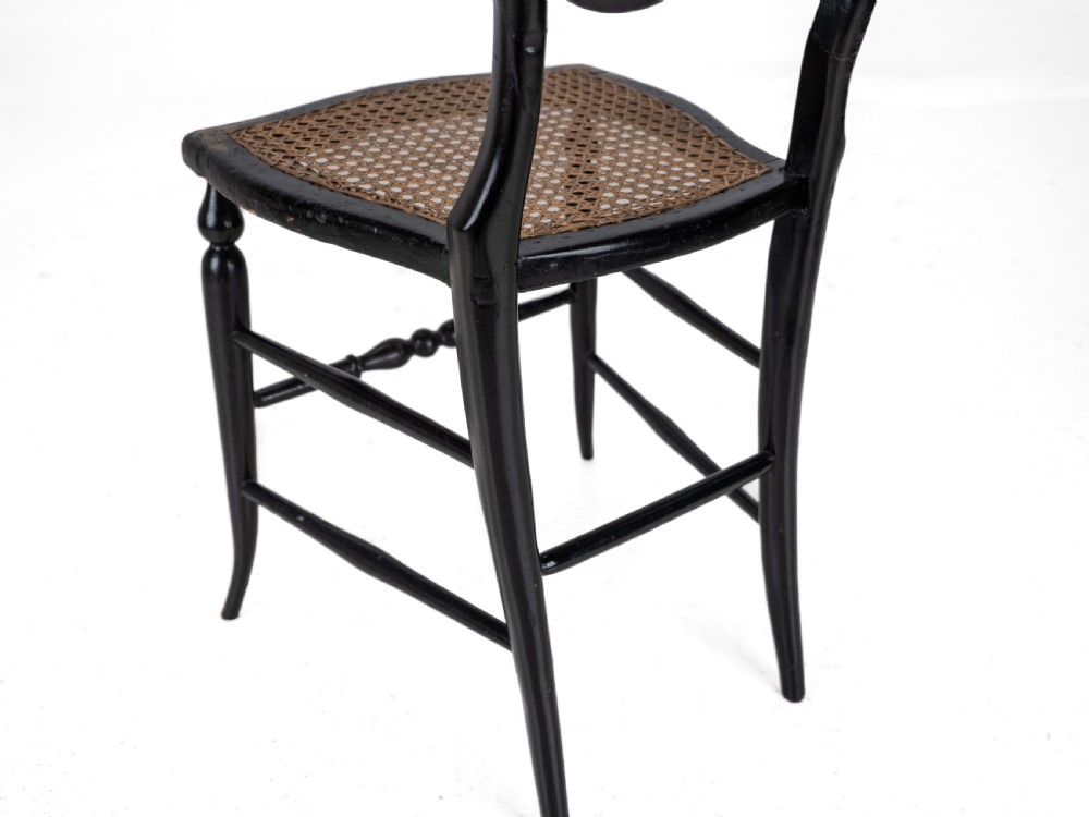 19th Century Ebonised Chinoiserie Chair with Canework Seat, Mother-of-Pearl Inlay and Parcel Gilt Decoration View XIX