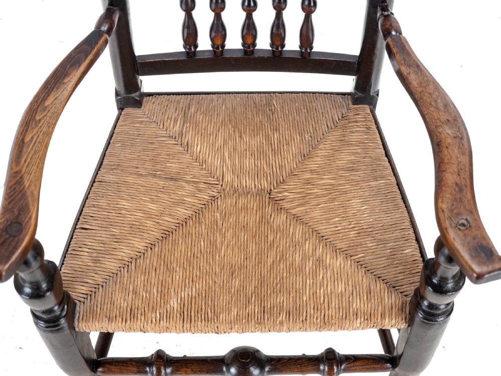 19th Century Elm & Ash Lancashire Rush Seat Country Elbow Chair Carver Armchair View VIII
