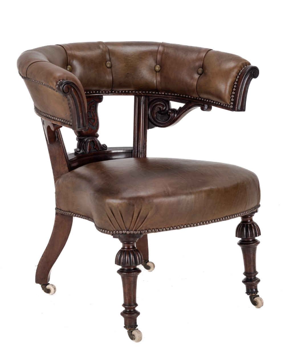 Mid 19th Century Mahogany & Leather Upholstered Library Tub Armchair – Victorian Captain’s Chair circa 1850, Cope & Collinson Castors
