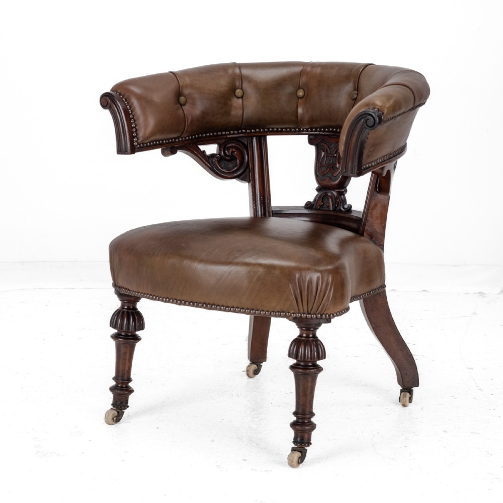 Mid 19th Century Mahogany & Leather Upholstered Library Tub Armchair – Victorian Captain’s Chair circa 1850, Cope & Collinson Castors View II
