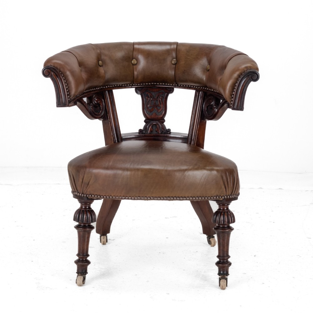 Mid 19th Century Mahogany & Leather Upholstered Library Tub Armchair – Victorian Captain’s Chair circa 1850, Cope & Collinson Castors View III