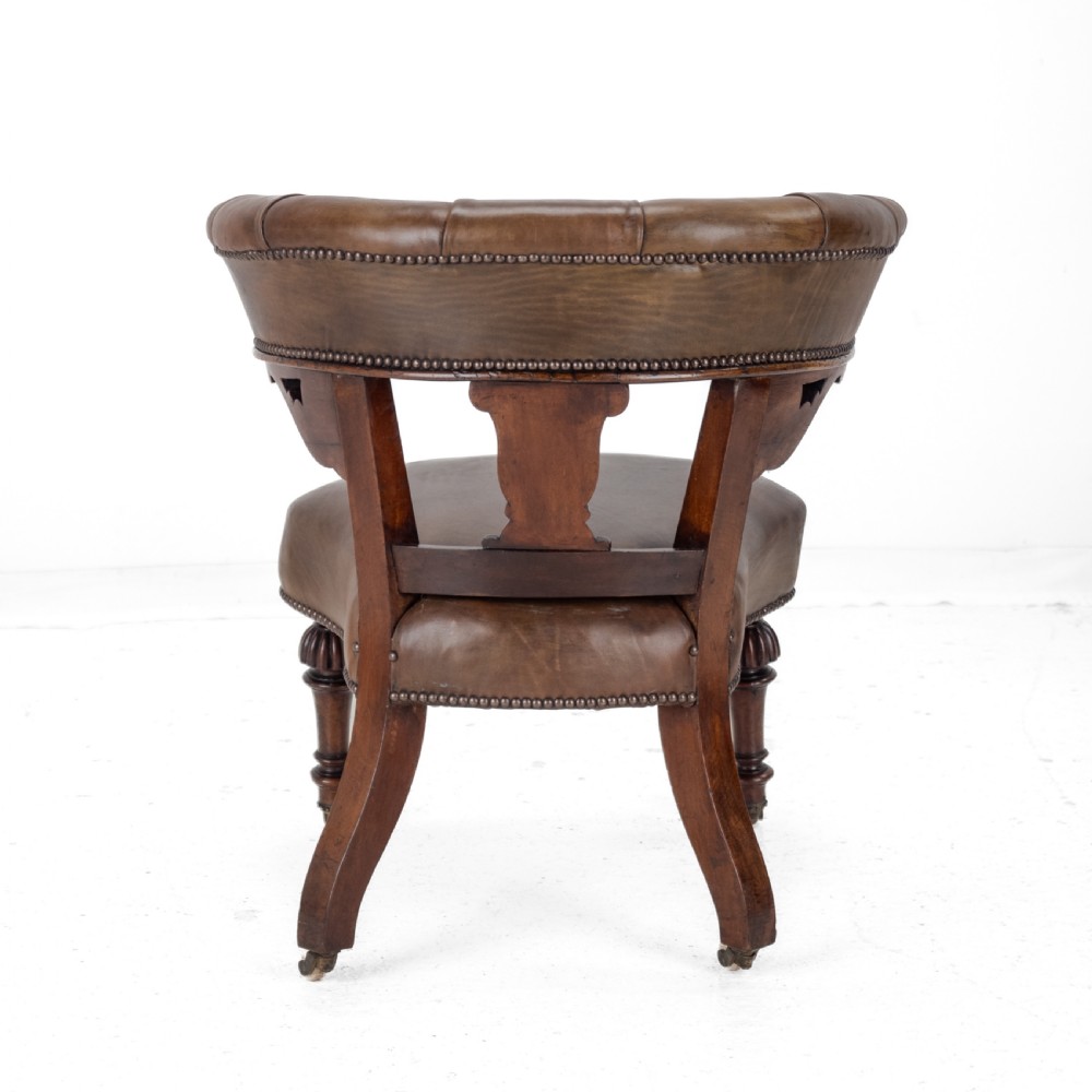 Mid 19th Century Mahogany & Leather Upholstered Library Tub Armchair – Victorian Captain’s Chair circa 1850, Cope & Collinson Castors View V