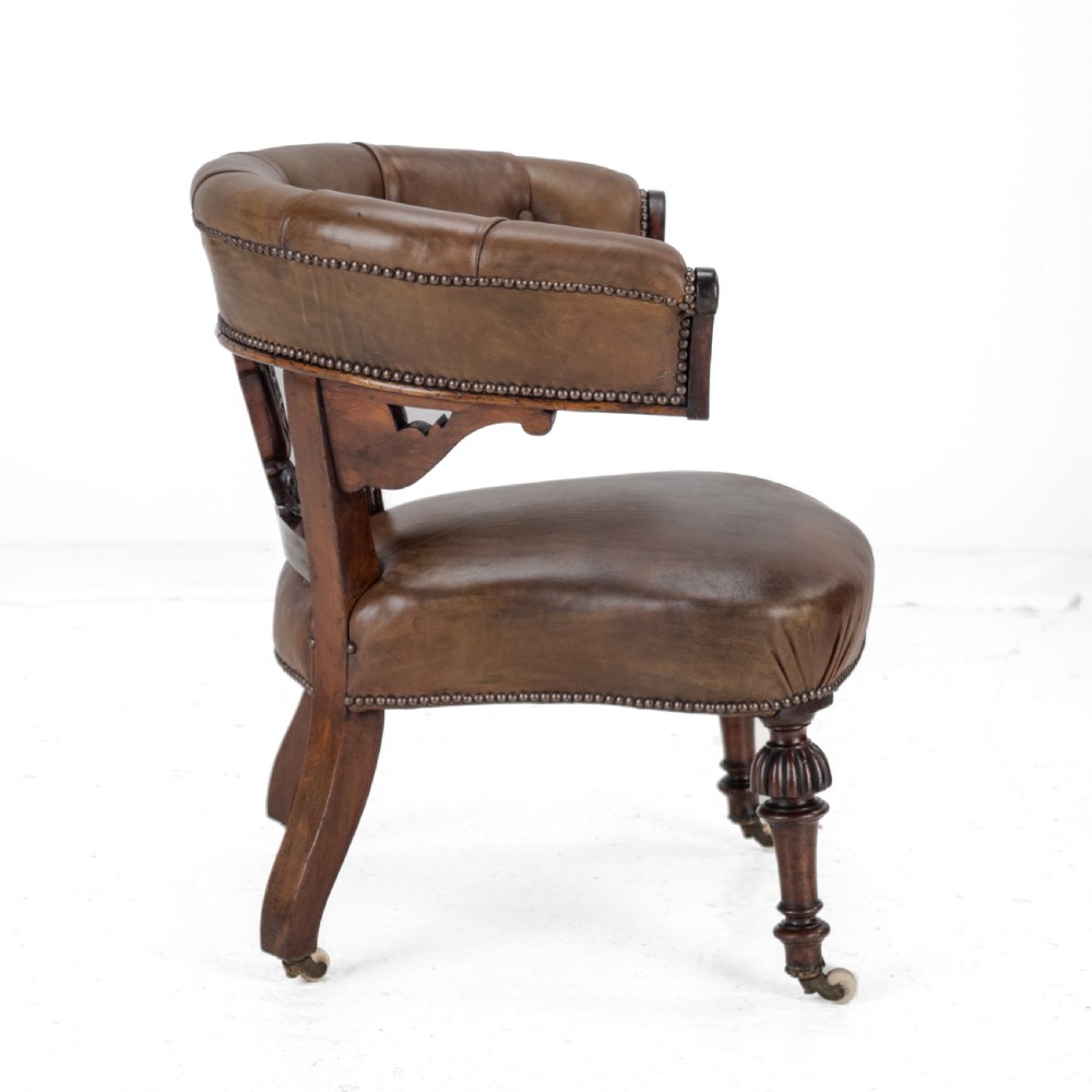 Mid 19th Century Mahogany & Leather Upholstered Library Tub Armchair – Victorian Captain’s Chair circa 1850, Cope & Collinson Castors View VI