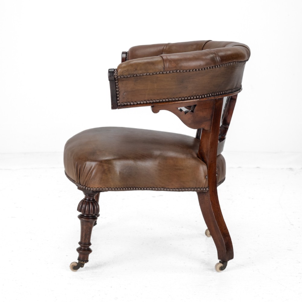 Mid 19th Century Mahogany & Leather Upholstered Library Tub Armchair – Victorian Captain’s Chair circa 1850, Cope & Collinson Castors View VII