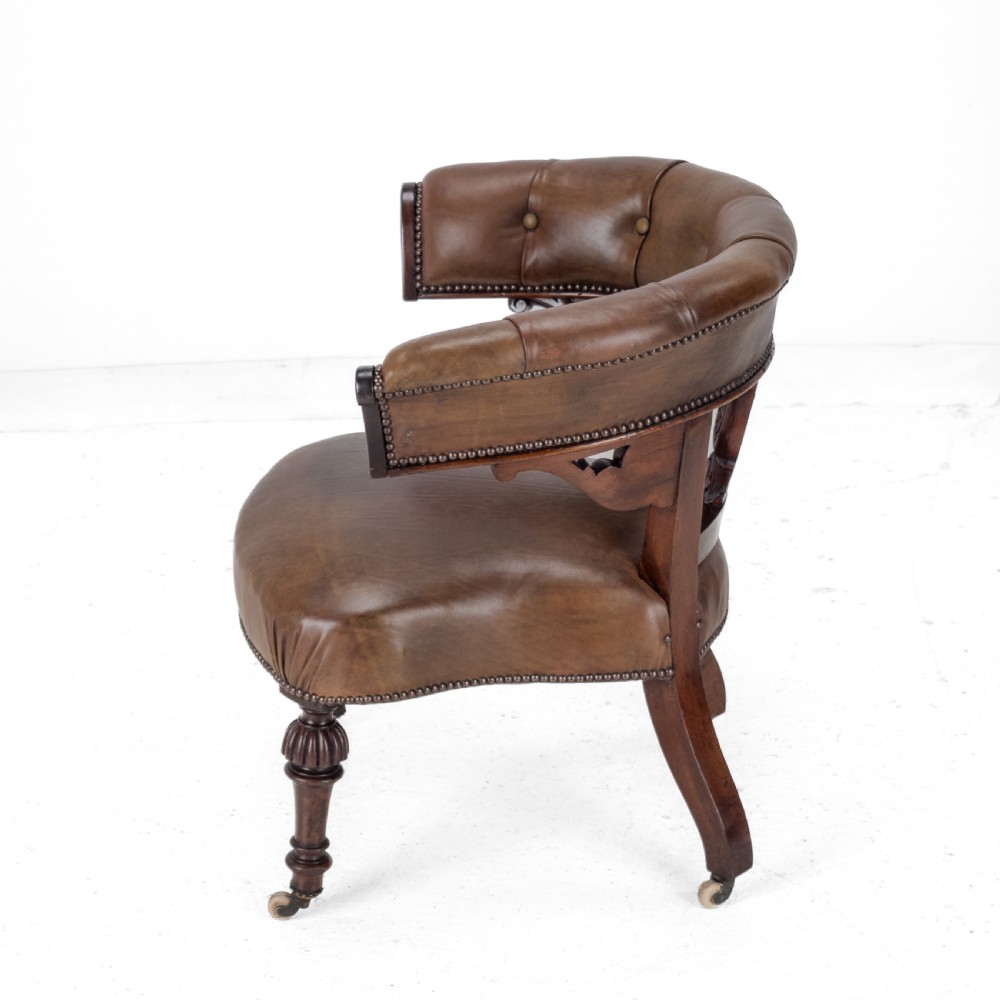 Mid 19th Century Mahogany & Leather Upholstered Library Tub Armchair – Victorian Captain’s Chair circa 1850, Cope & Collinson Castors View VIII