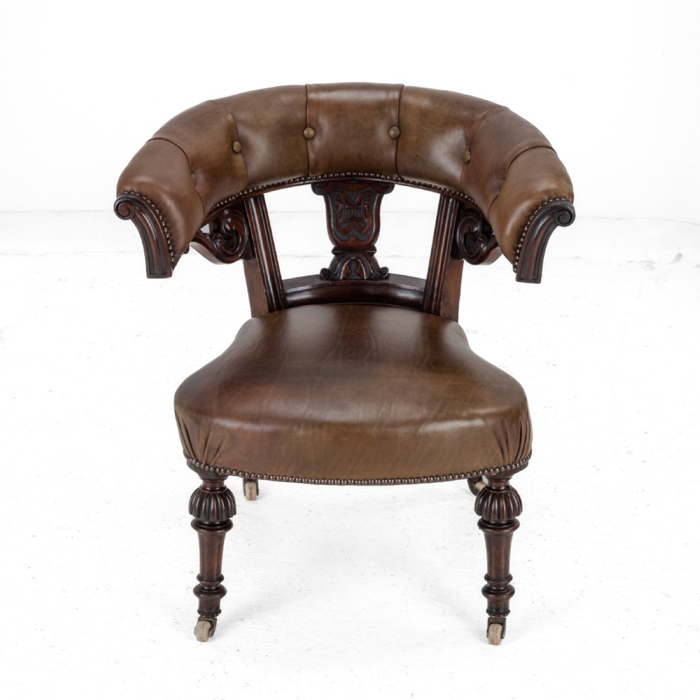 Mid 19th Century Mahogany & Leather Upholstered Library Tub Armchair – Victorian Captain’s Chair circa 1850, Cope & Collinson Castors View IX