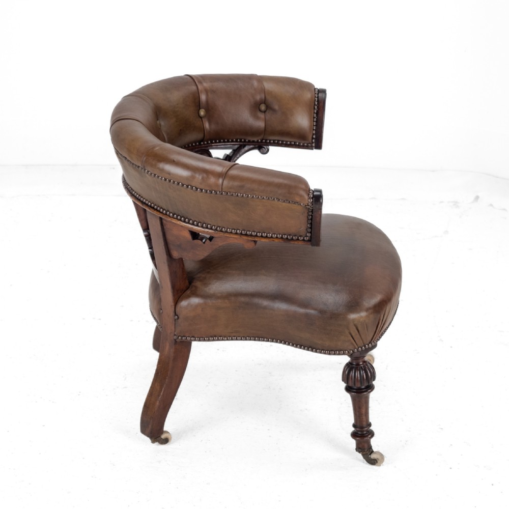 Mid 19th Century Mahogany & Leather Upholstered Library Tub Armchair – Victorian Captain’s Chair circa 1850, Cope & Collinson Castors View X