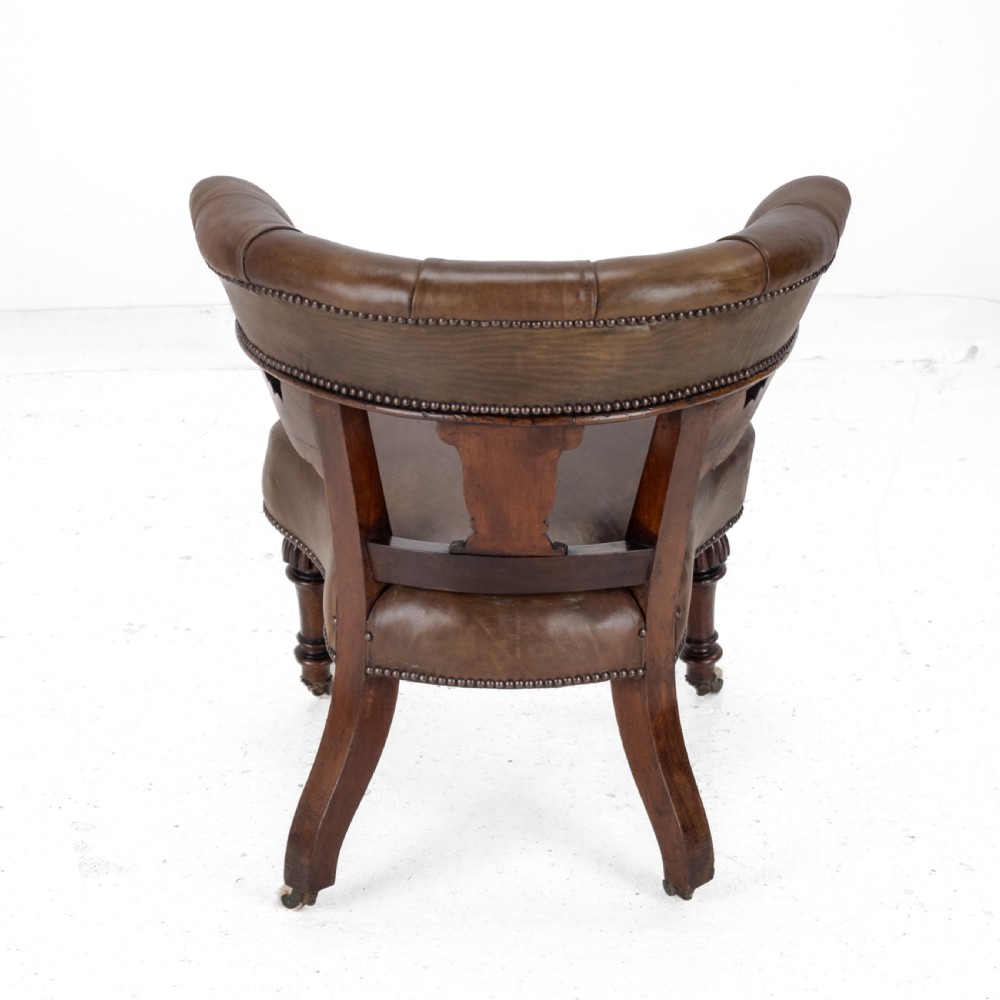 Mid 19th Century Mahogany & Leather Upholstered Library Tub Armchair – Victorian Captain’s Chair circa 1850, Cope & Collinson Castors View XI