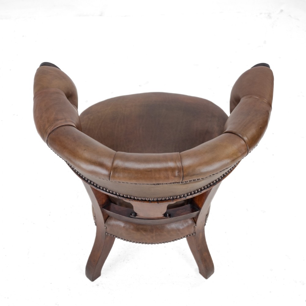 Mid 19th Century Mahogany & Leather Upholstered Library Tub Armchair – Victorian Captain’s Chair circa 1850, Cope & Collinson Castors View XII