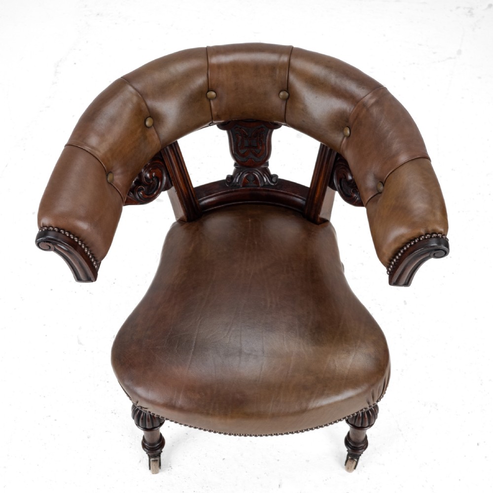 Mid 19th Century Mahogany & Leather Upholstered Library Tub Armchair – Victorian Captain’s Chair circa 1850, Cope & Collinson Castors View XIII
