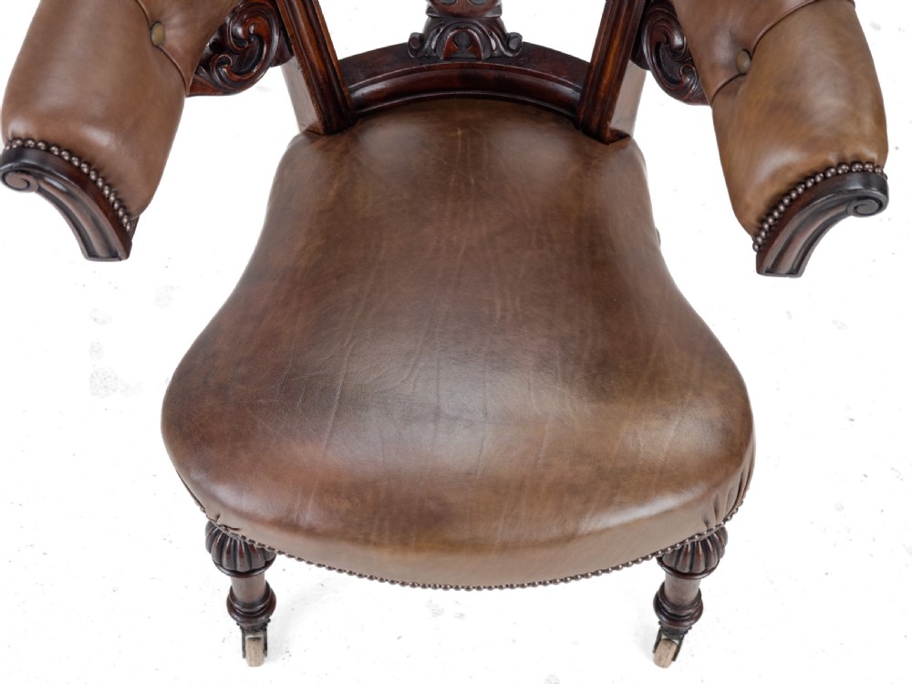 Mid 19th Century Mahogany & Leather Upholstered Library Tub Armchair – Victorian Captain’s Chair circa 1850, Cope & Collinson Castors View XIV