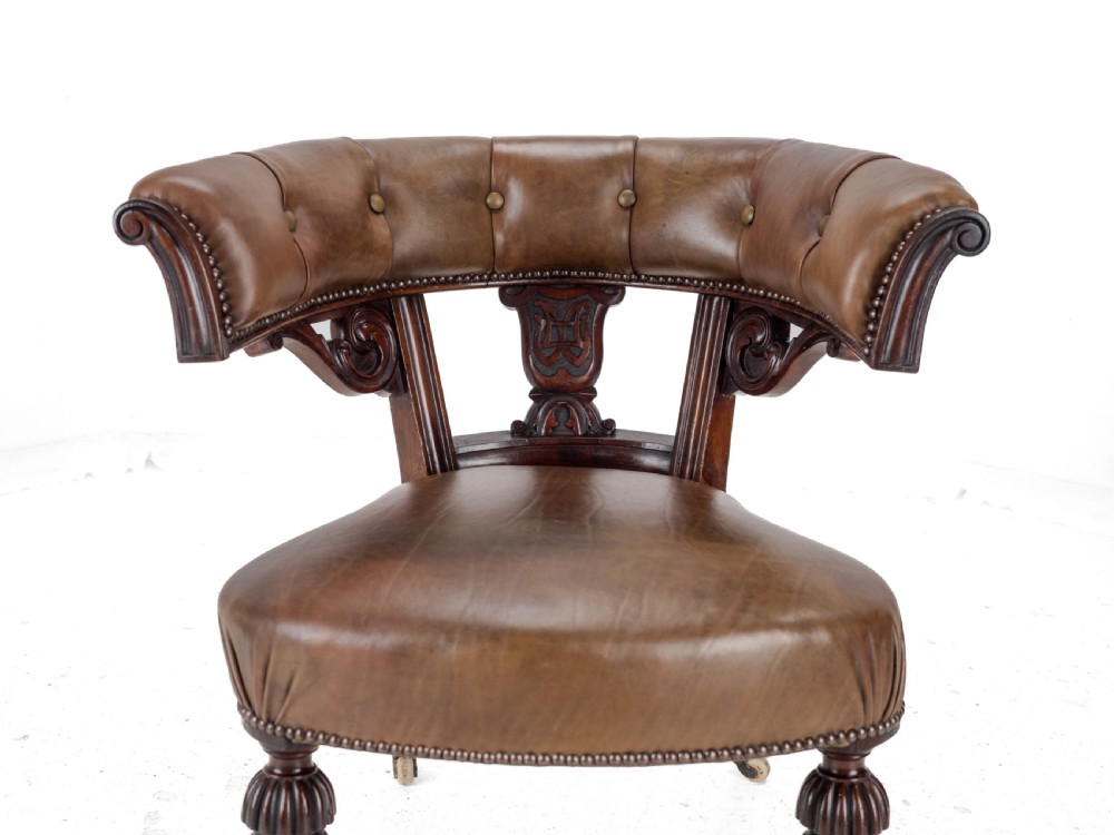 Mid 19th Century Mahogany & Leather Upholstered Library Tub Armchair – Victorian Captain’s Chair circa 1850, Cope & Collinson Castors View XV