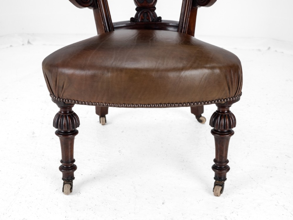 Mid 19th Century Mahogany & Leather Upholstered Library Tub Armchair – Victorian Captain’s Chair circa 1850, Cope & Collinson Castors View XVI