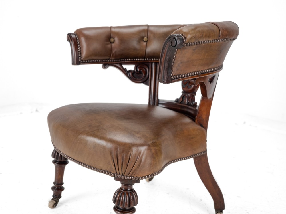 Mid 19th Century Mahogany & Leather Upholstered Library Tub Armchair – Victorian Captain’s Chair circa 1850, Cope & Collinson Castors View XVII