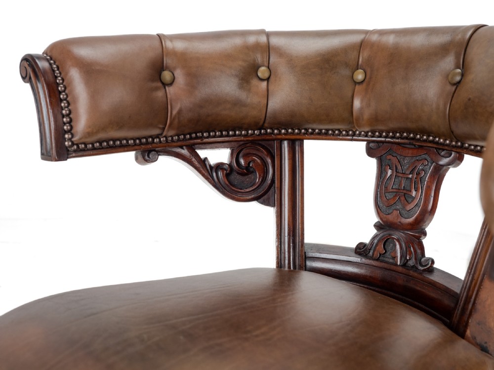 Mid 19th Century Mahogany & Leather Upholstered Library Tub Armchair – Victorian Captain’s Chair circa 1850, Cope & Collinson Castors View XVIII