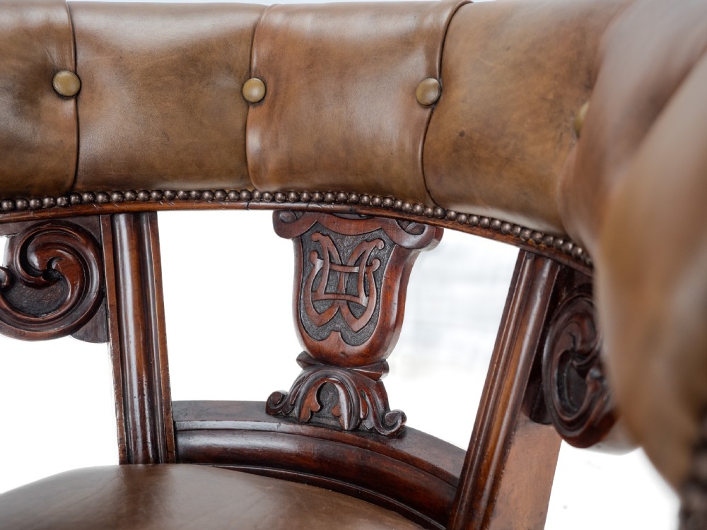 Mid 19th Century Mahogany & Leather Upholstered Library Tub Armchair – Victorian Captain’s Chair circa 1850, Cope & Collinson Castors View XIX