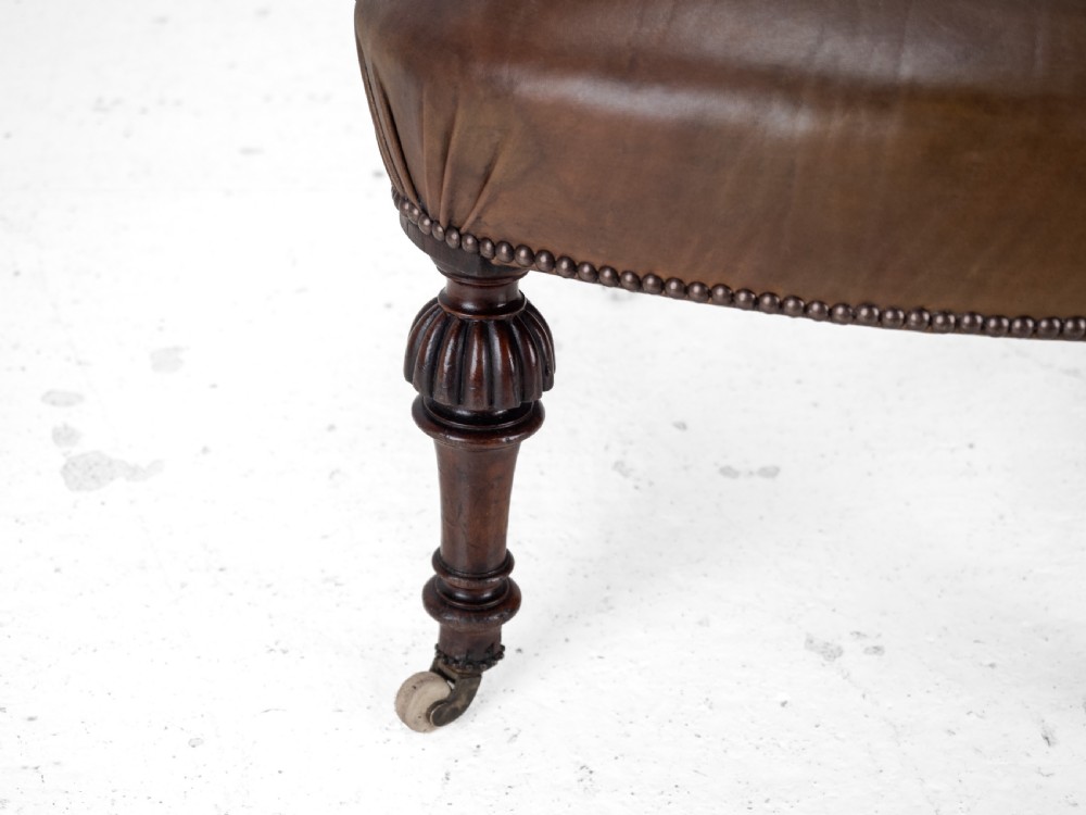 Mid 19th Century Mahogany & Leather Upholstered Library Tub Armchair – Victorian Captain’s Chair circa 1850, Cope & Collinson Castors View XXI