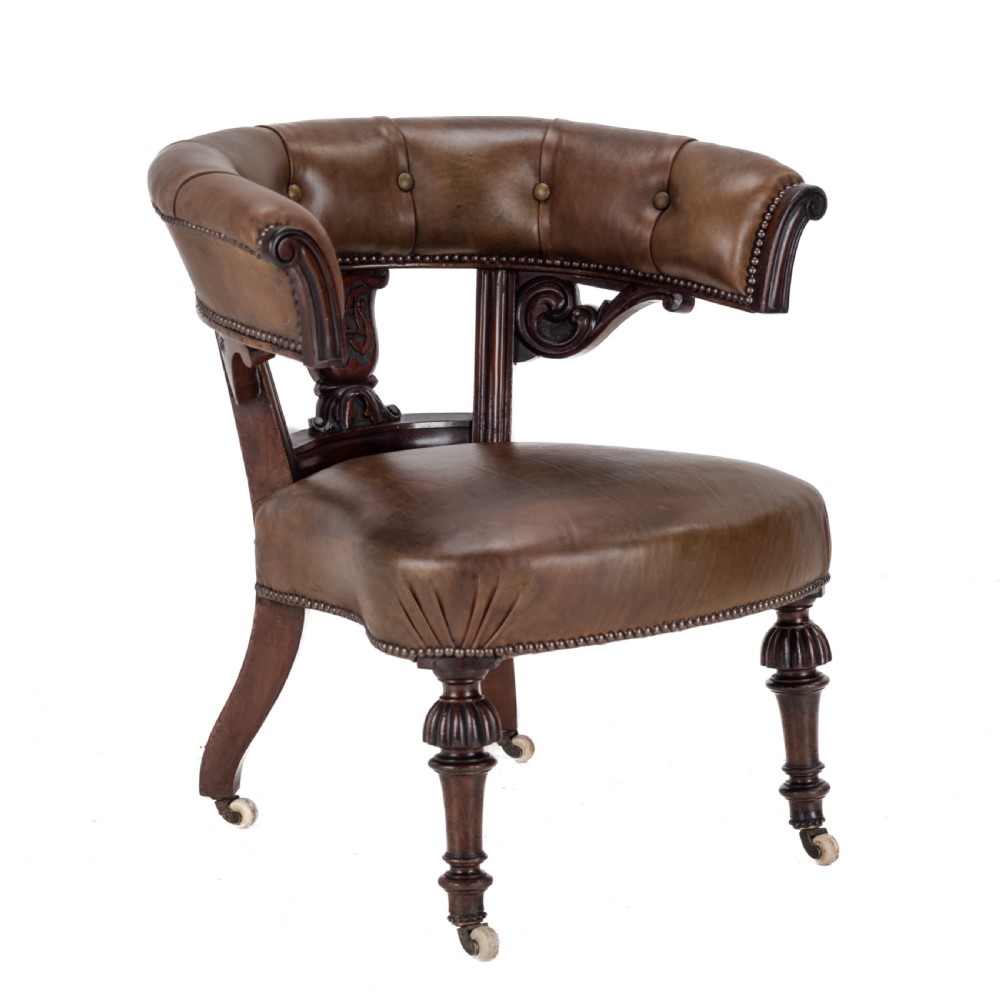 Mid 19th Century Mahogany & Leather Upholstered Library Tub Armchair – Victorian Captain’s Chair circa 1850, Cope & Collinson Castors View XXIV