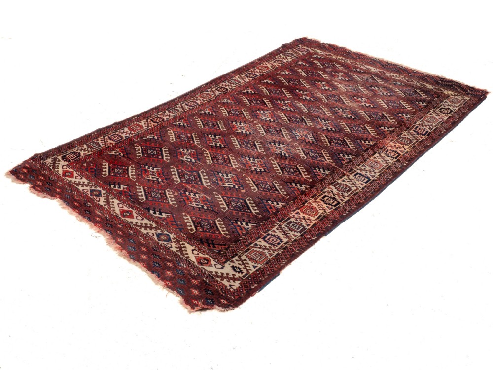 Antique 19th Century Yomut Turkmen Hand-woven Carpet with Dyrnak Guls, 301 × 174 cm (9'11