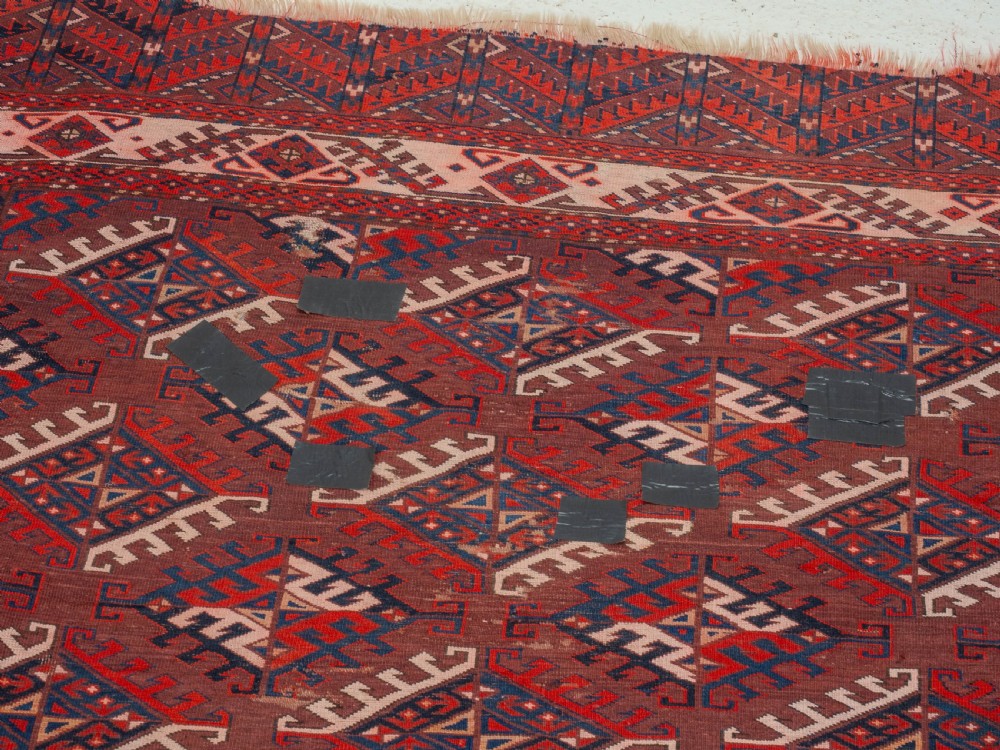Antique 19th Century Yomut Turkmen Hand-woven Carpet with Dyrnak Guls, 301 × 174 cm (9'11