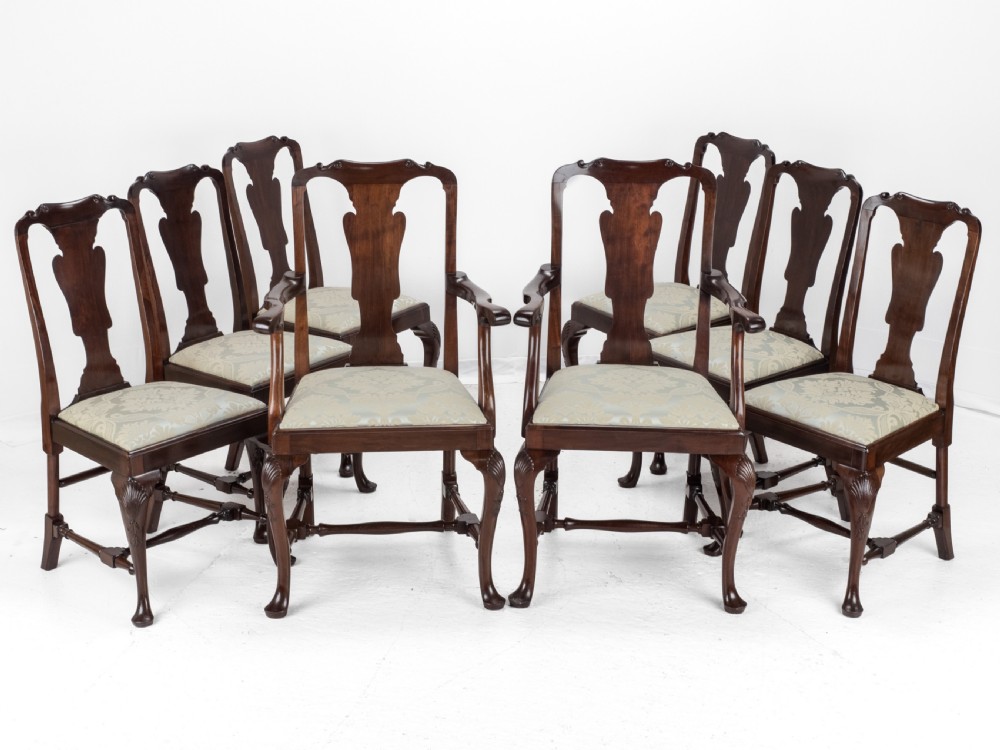 Edwardian Queen Anne Style Set of 8 Carved Mahogany Dining Chairs with Carvers by Waring & Gillow, circa 1905 (Georgian / George I / Armchair / Elbow Chairs) View III