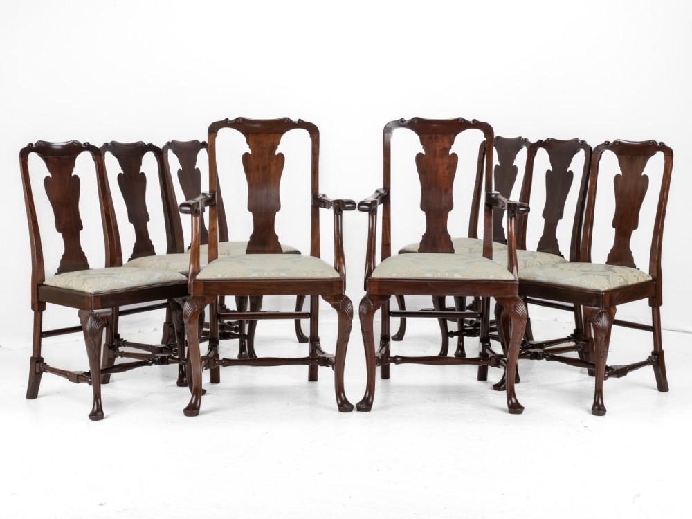 Edwardian Queen Anne Style Set of 8 Carved Mahogany Dining Chairs with Carvers by Waring & Gillow, circa 1905 (Georgian / George I / Armchair / Elbow Chairs) View IV