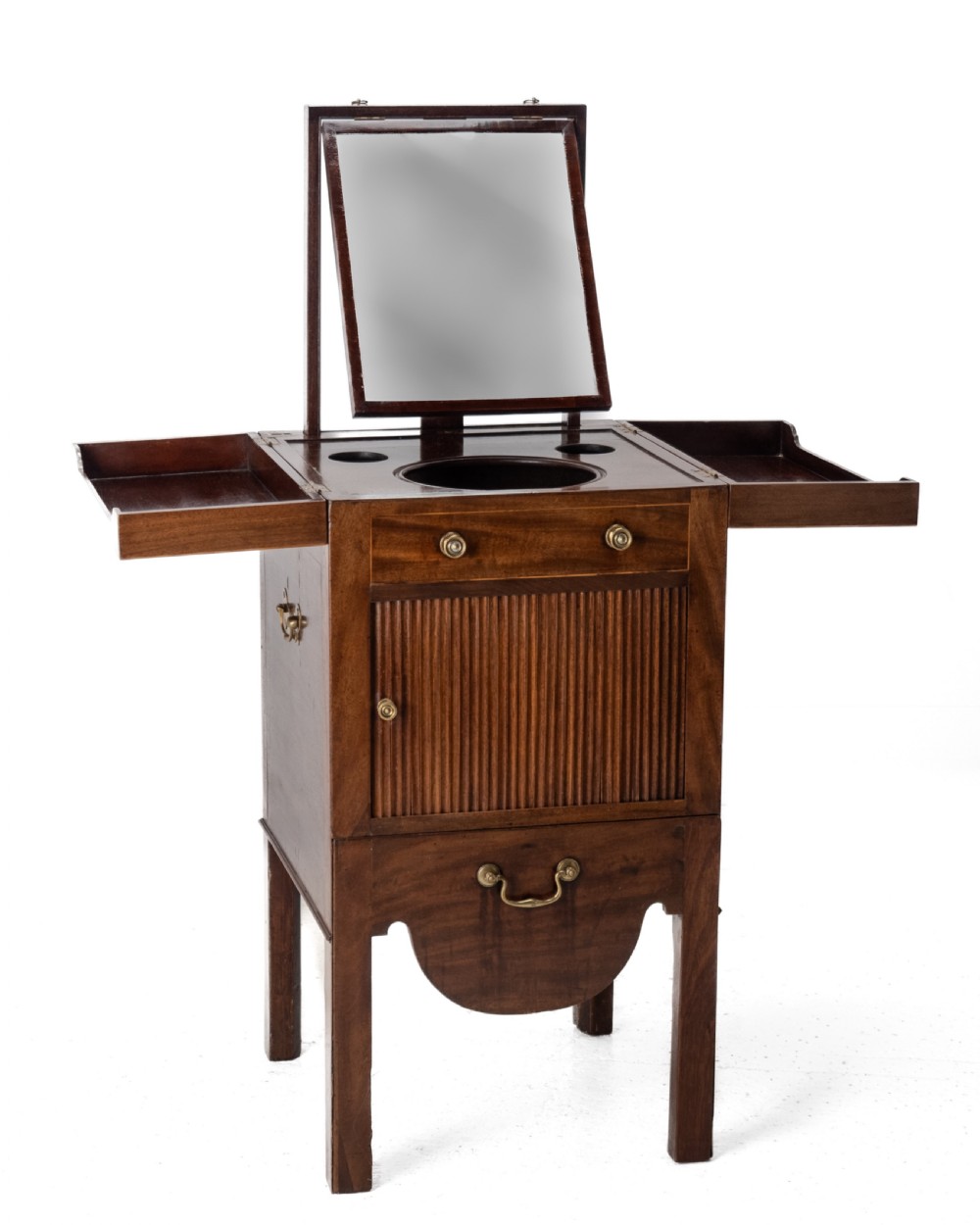 Georgian Mahogany and Boxwood Inlaid Gentlemans Washstand, Late 18th Century (George III, Folding Top, Mirror, Tambour Cabinet, Commode)