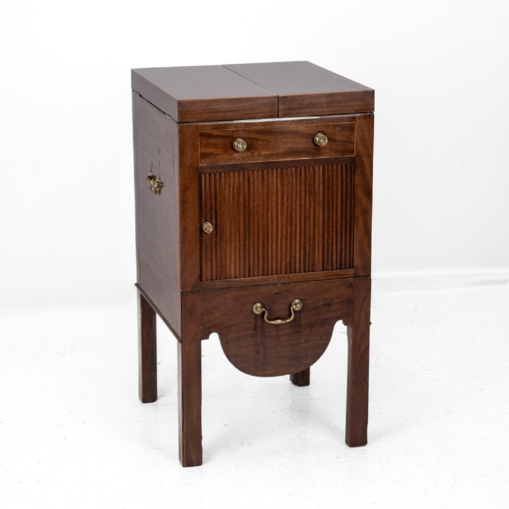 Georgian Mahogany and Boxwood Inlaid Gentlemans Washstand, Late 18th Century (George III, Folding Top, Mirror, Tambour Cabinet, Commode) View II