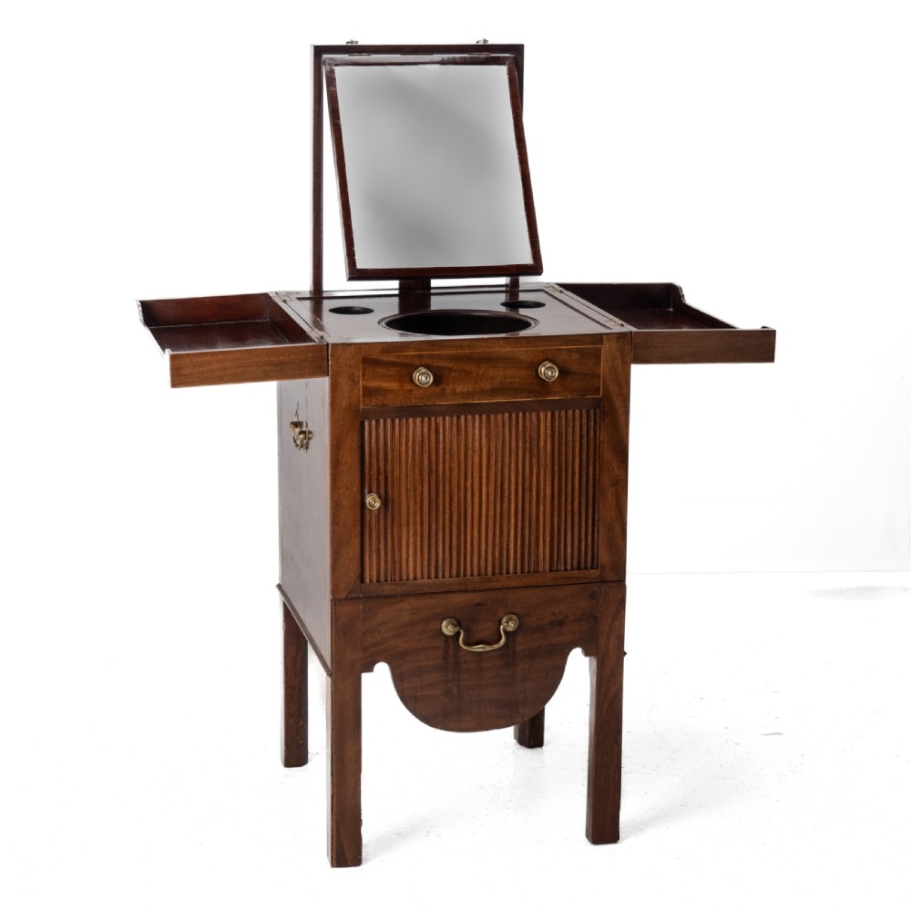 Georgian Mahogany and Boxwood Inlaid Gentlemans Washstand, Late 18th Century (George III, Folding Top, Mirror, Tambour Cabinet, Commode) View III