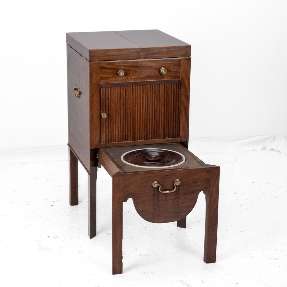 Georgian Mahogany and Boxwood Inlaid Gentlemans Washstand, Late 18th Century (George III, Folding Top, Mirror, Tambour Cabinet, Commode) View V