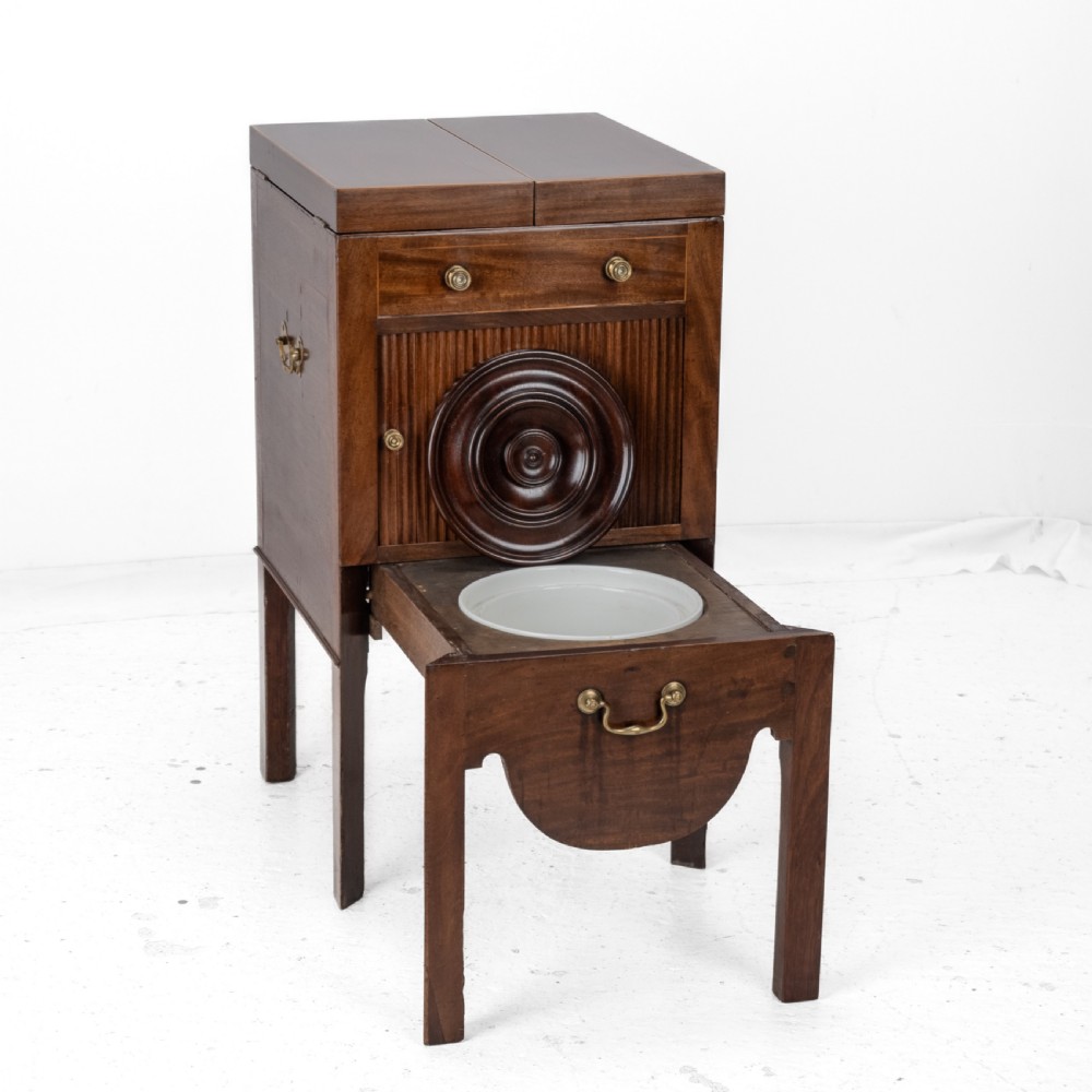 Georgian Mahogany and Boxwood Inlaid Gentlemans Washstand, Late 18th Century (George III, Folding Top, Mirror, Tambour Cabinet, Commode) View VI