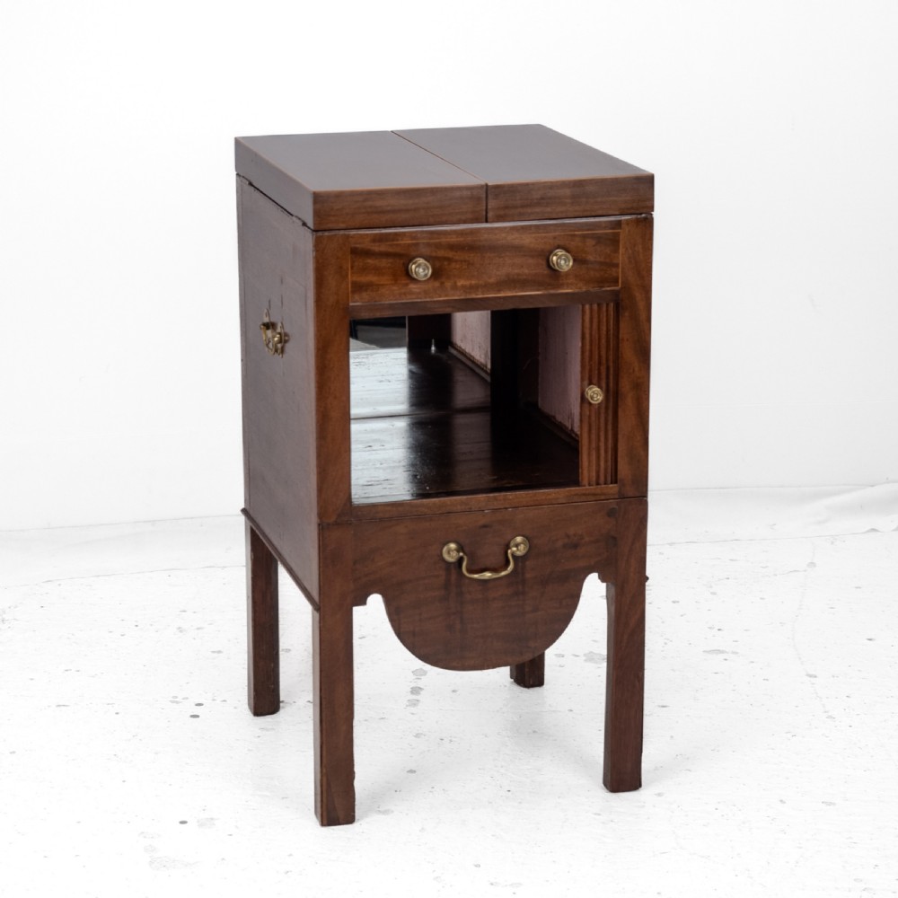 Georgian Mahogany and Boxwood Inlaid Gentlemans Washstand, Late 18th Century (George III, Folding Top, Mirror, Tambour Cabinet, Commode) View VII