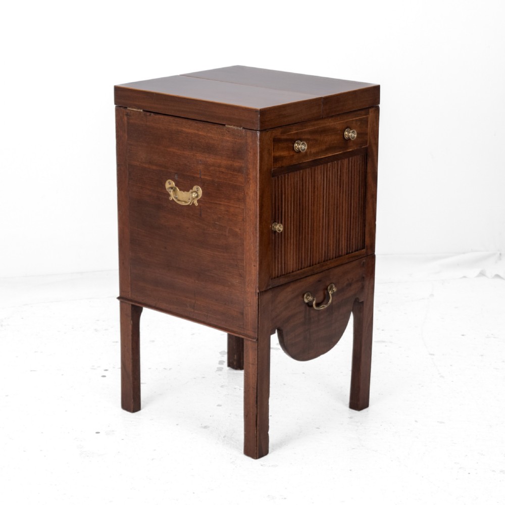 Georgian Mahogany and Boxwood Inlaid Gentlemans Washstand, Late 18th Century (George III, Folding Top, Mirror, Tambour Cabinet, Commode) View VIII