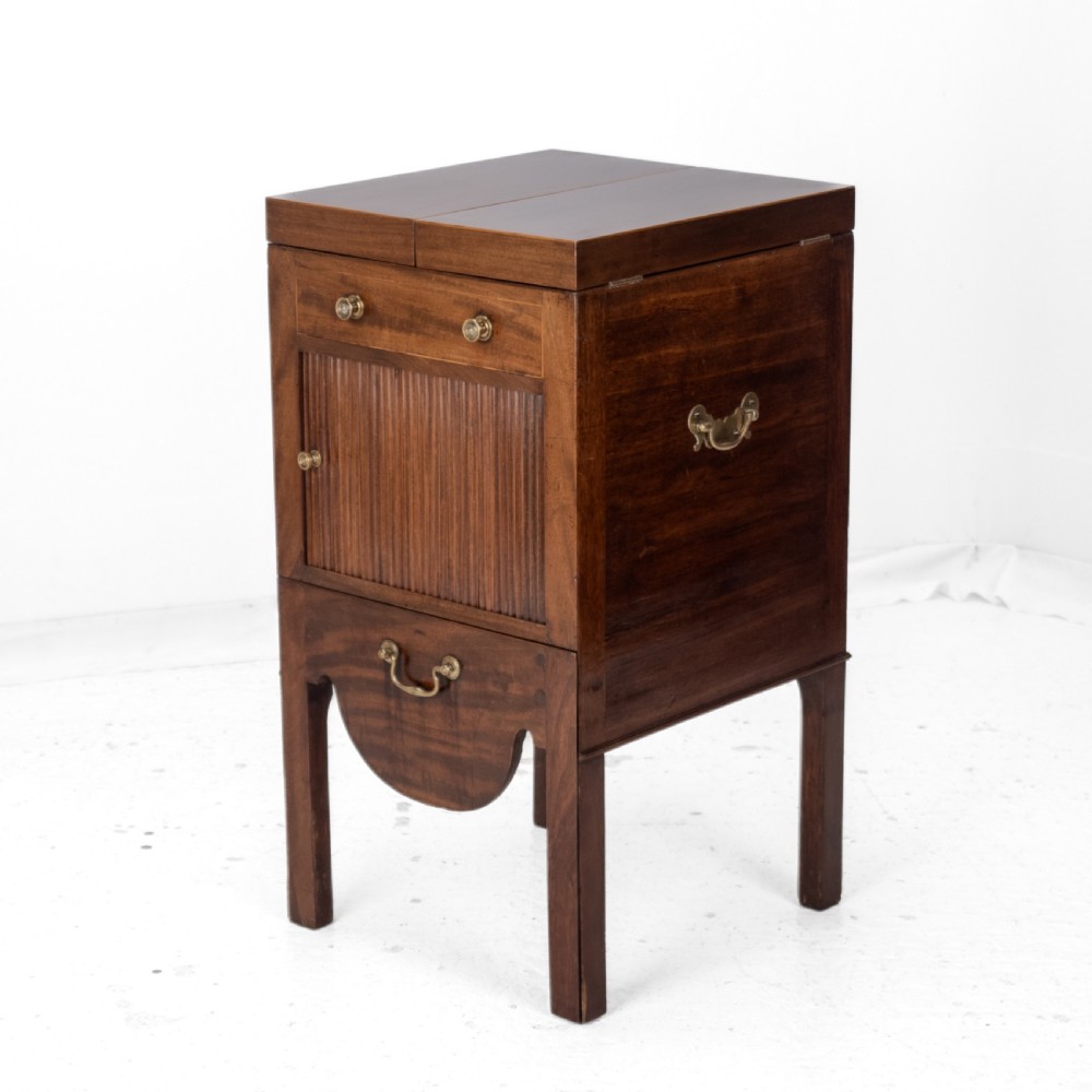 Georgian Mahogany and Boxwood Inlaid Gentlemans Washstand, Late 18th Century (George III, Folding Top, Mirror, Tambour Cabinet, Commode) View XII