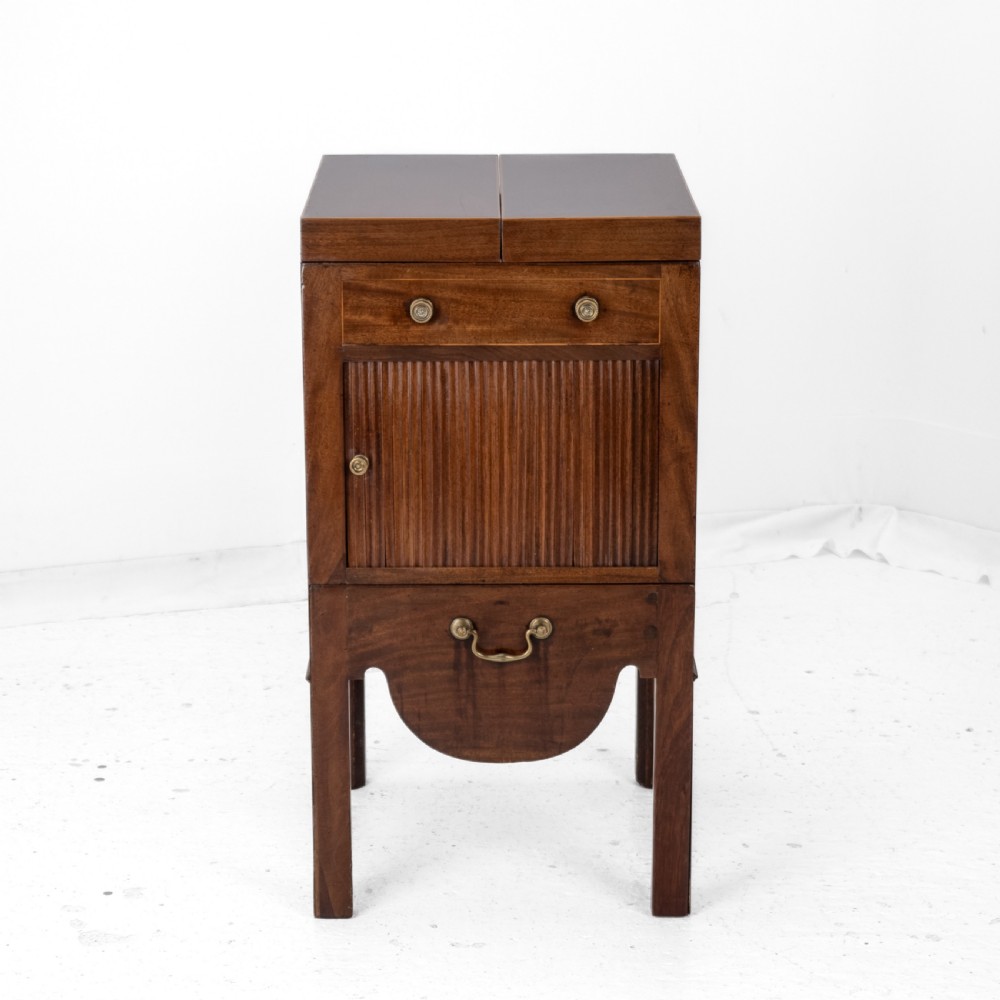 Georgian Mahogany and Boxwood Inlaid Gentlemans Washstand, Late 18th Century (George III, Folding Top, Mirror, Tambour Cabinet, Commode) View XIII