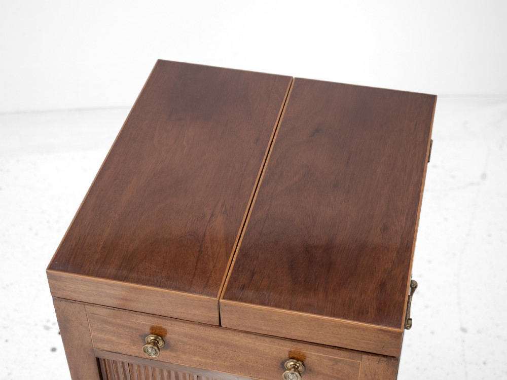 Georgian Mahogany and Boxwood Inlaid Gentlemans Washstand, Late 18th Century (George III, Folding Top, Mirror, Tambour Cabinet, Commode) View XIV