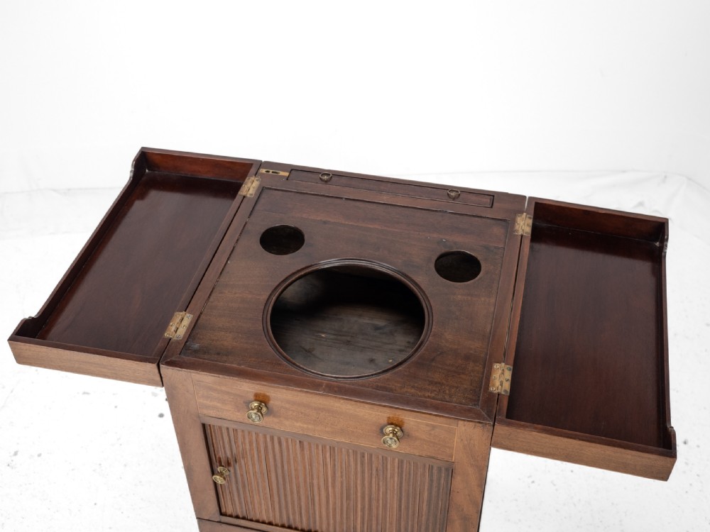 Georgian Mahogany and Boxwood Inlaid Gentlemans Washstand, Late 18th Century (George III, Folding Top, Mirror, Tambour Cabinet, Commode) View XV
