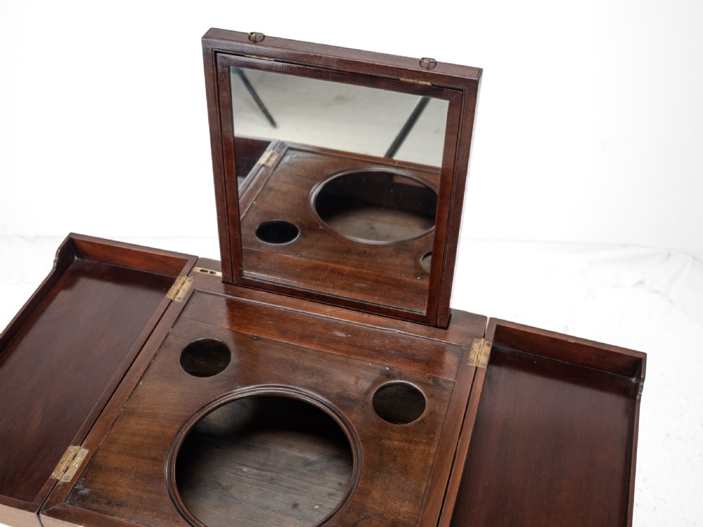 Georgian Mahogany and Boxwood Inlaid Gentlemans Washstand, Late 18th Century (George III, Folding Top, Mirror, Tambour Cabinet, Commode) View XVI