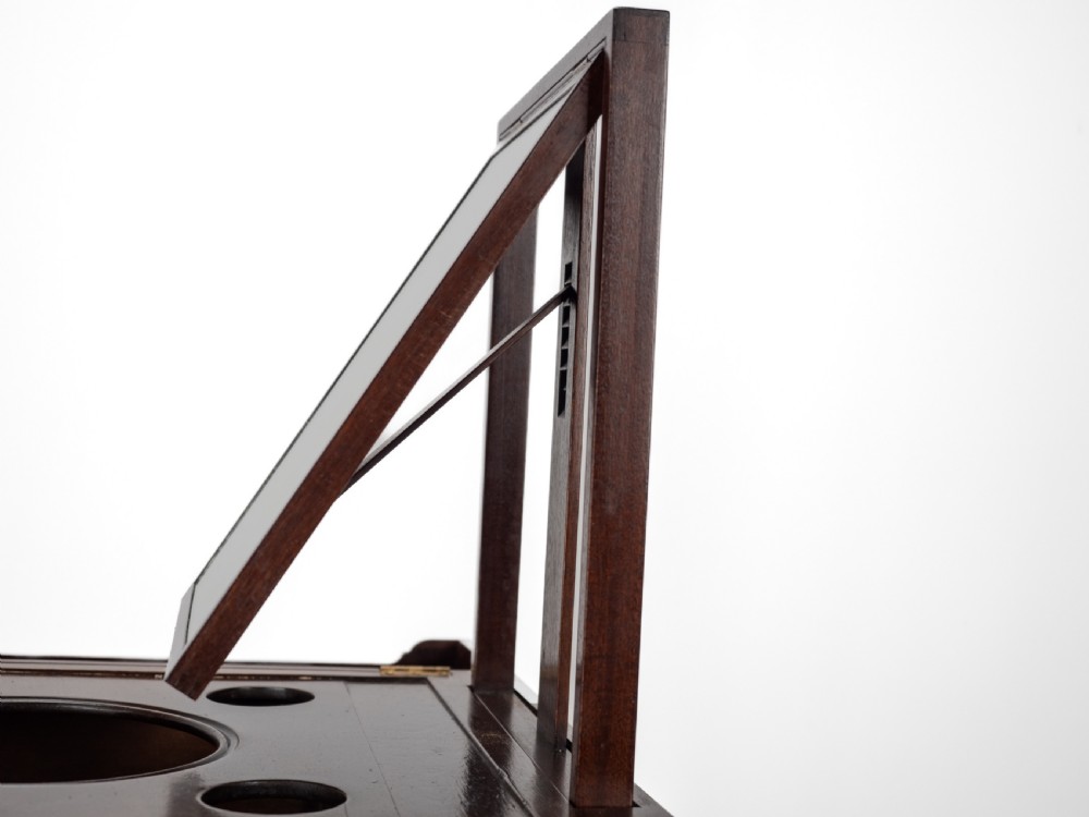 Georgian Mahogany and Boxwood Inlaid Gentlemans Washstand, Late 18th Century (George III, Folding Top, Mirror, Tambour Cabinet, Commode) View XVII
