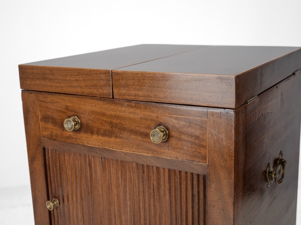 Georgian Mahogany and Boxwood Inlaid Gentlemans Washstand, Late 18th Century (George III, Folding Top, Mirror, Tambour Cabinet, Commode) View XIX