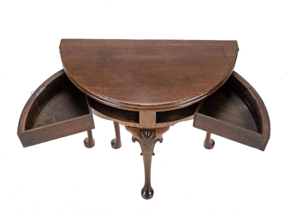 George II Cuban Mahogany Demi-Lune Fold-Over Tea Table with Twin Swing-Out Drawers, c.1750 View X
