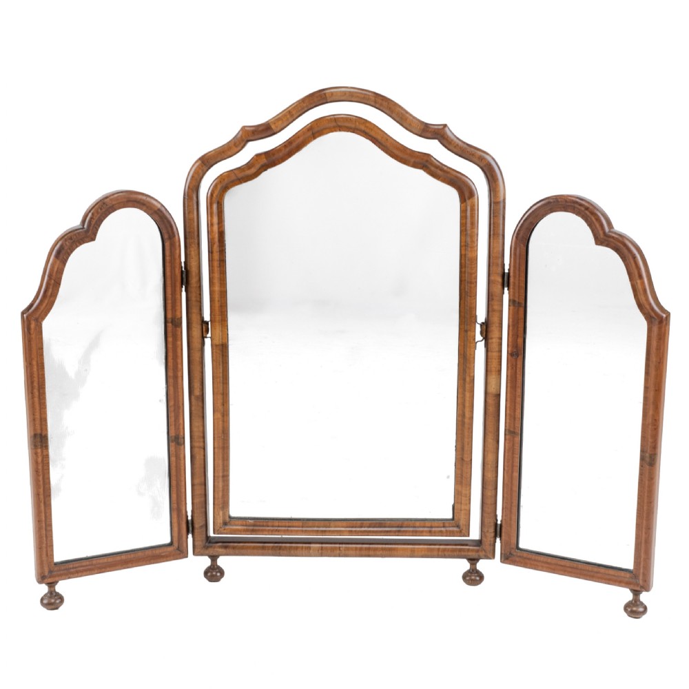 Queen Anne Revival Walnut Triptych Dressing Table Mirror, c.1920–1930 (Triple, Arched, Tilting)
