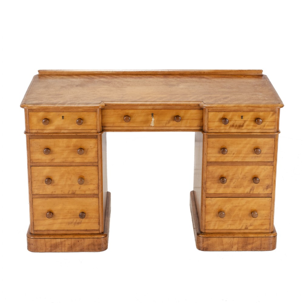 Heal & Son Satinwood Inverted Breakfront Pedestal Desk, Late 19th Century