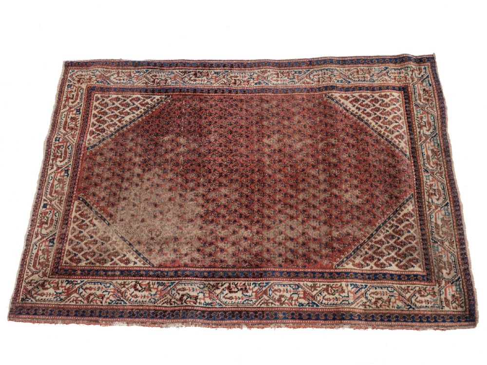 A rectangular late 19th-century handwoven Persian Mir Seraband rug featuring a repeating boteh pattern in terracotta red, blue, and cream. View V