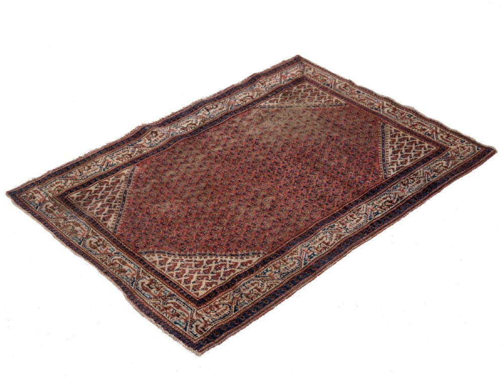 A rectangular late 19th-century handwoven Persian Mir Seraband rug featuring a repeating boteh pattern in terracotta red, blue, and cream. View VII