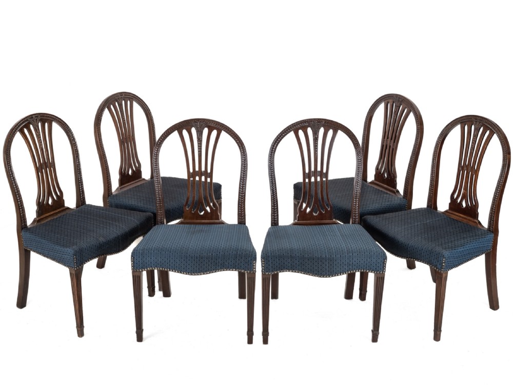 Set of 6 Mahogany Hepplewhite Dining Chairs c.1870 – Georgian / George III Style Side Chairs, Horsehair Fabric Upholstery