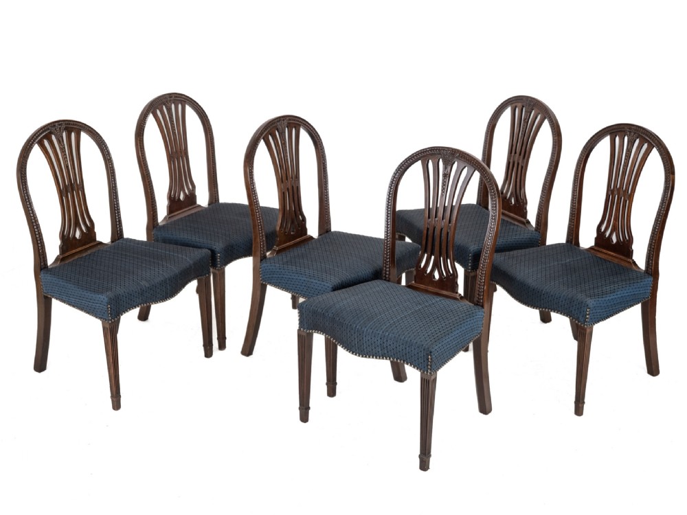 Set of 6 Mahogany Hepplewhite Dining Chairs c.1870 – Georgian / George III Style Side Chairs, Horsehair Fabric Upholstery View II
