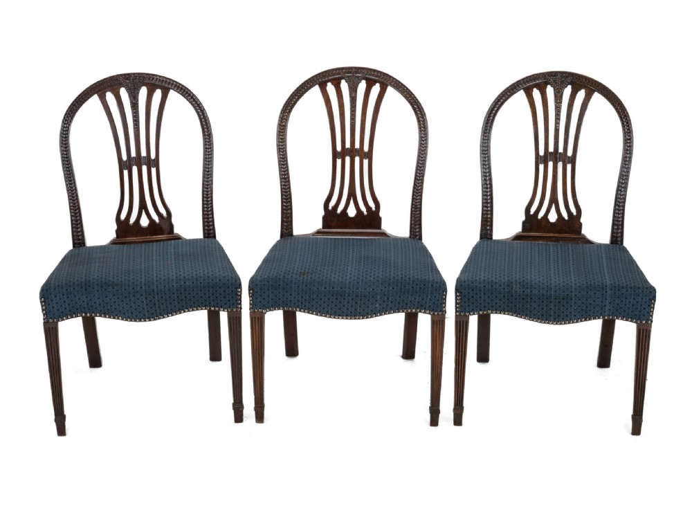 Set of 6 Mahogany Hepplewhite Dining Chairs c.1870 – Georgian / George III Style Side Chairs, Horsehair Fabric Upholstery View IV