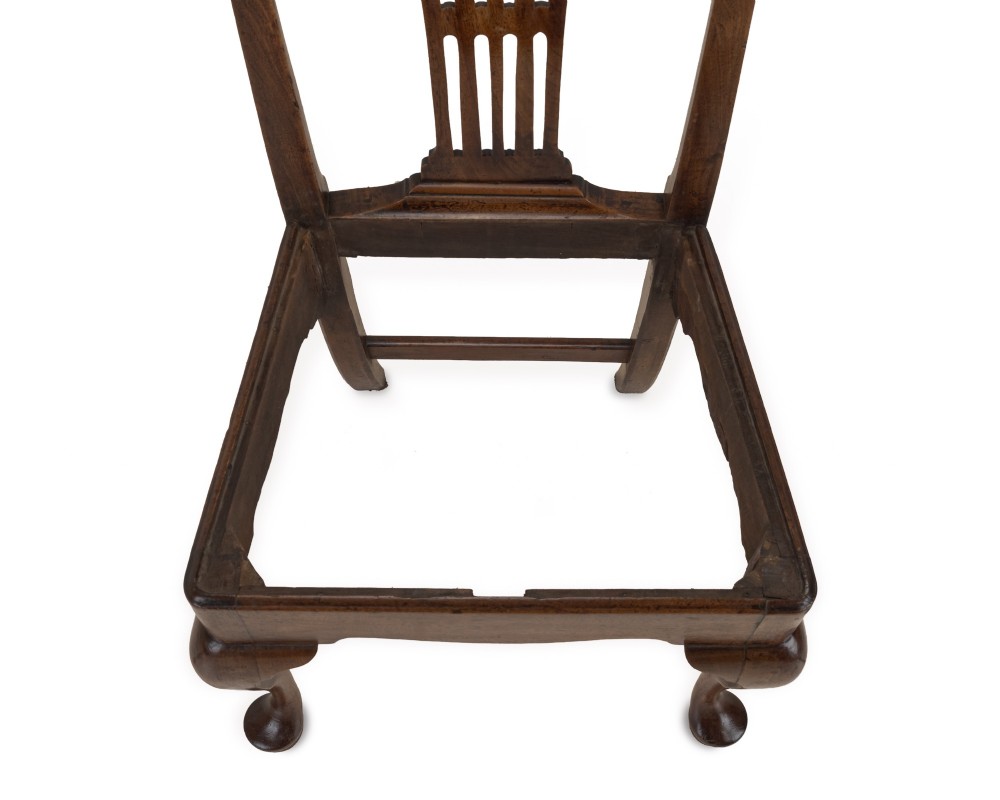 A mid-18th century English walnut side chair featuring a pierced vertical splat back, patterned upholstered seat, and cabriole front legs. View XII